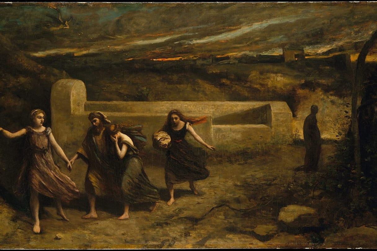 An angel hurries Lot and his two daughters across a dim plain under a smoky sky, while a lone dark figure stands behind them.
