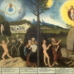 A tree divides a landscape: on the left, Death and a demon drive a naked man toward fire while Moses and the prophets hold the tablets of the law; on the right, John the Baptist points another man toward Christ on the cross and the risen Christ above.