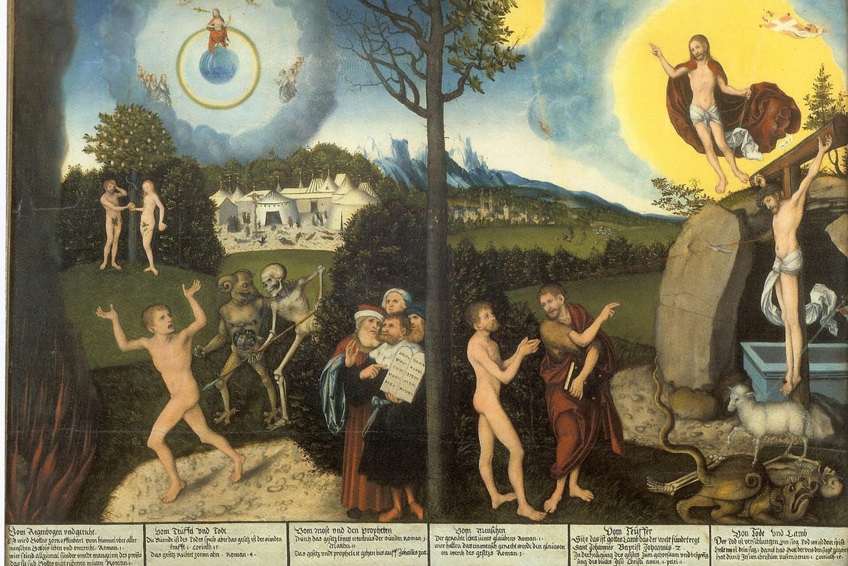 A tree divides a landscape: on the left, Death and a demon drive a naked man toward fire while Moses and the prophets hold the tablets of the law; on the right, John the Baptist points another man toward Christ on the cross and the risen Christ above.