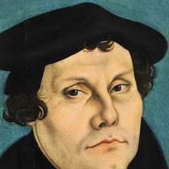 Martin Luther, in a black cap and gown, gazes to one side against a teal background.