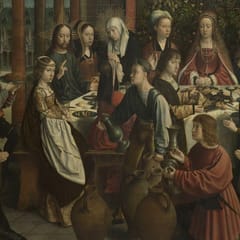 Jesus, with a golden halo, raises his hand in blessing at a crowded wedding table beside his mother, while servants pour from pitchers and large clay jars stand on the floor.