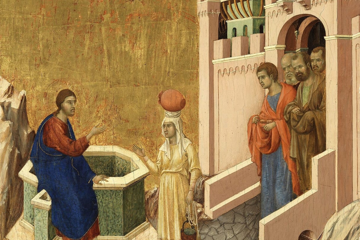 Jesus sits by a well and talks with a Samaritan woman carrying a water jar, while his disciples come out through a city gate.