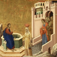 Jesus sits by a well and talks with a Samaritan woman carrying a water jar, while his disciples come out through a city gate.