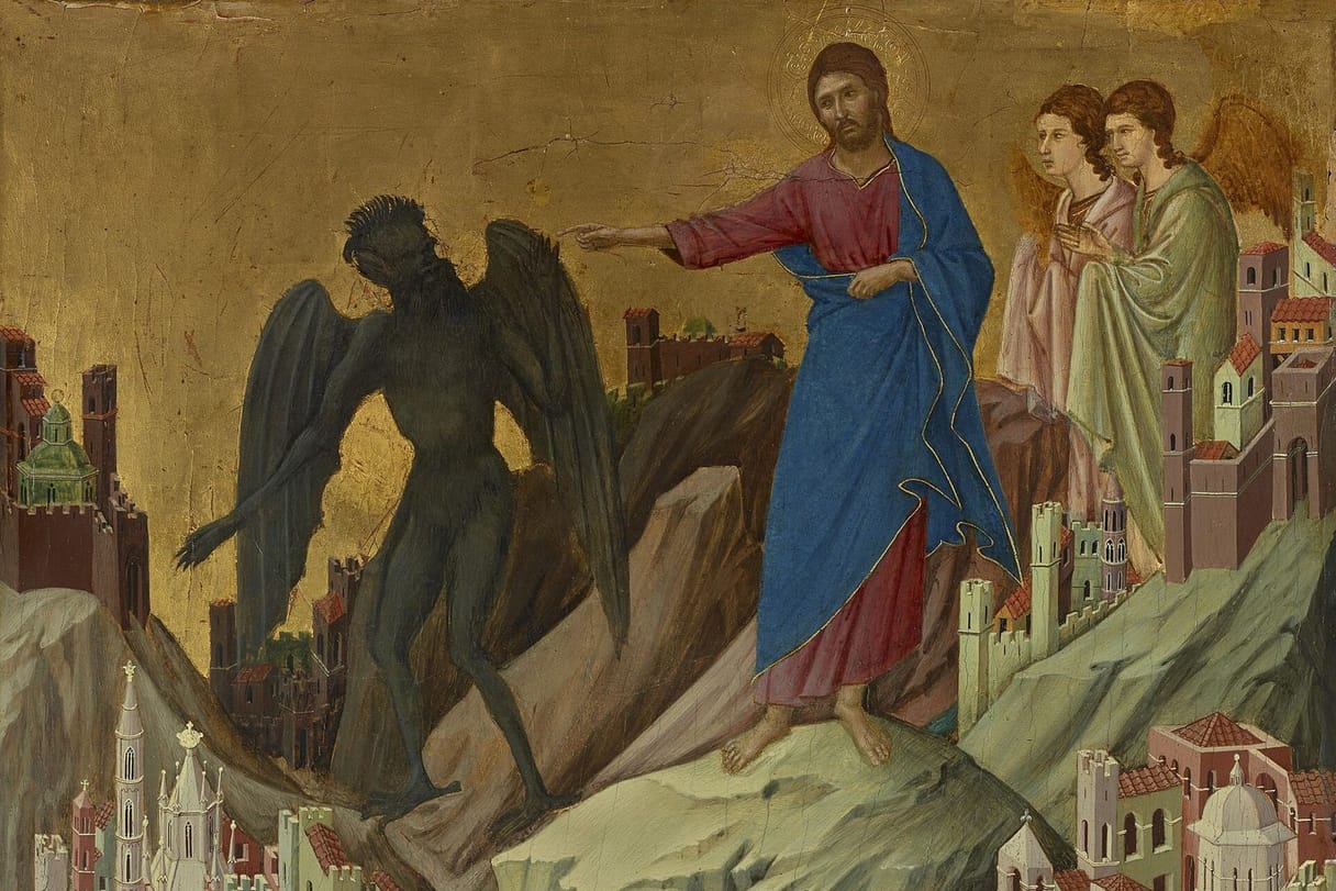 On a mountaintop above small walled cities, Christ in a blue robe waves away a dark winged figure while two angels look on.