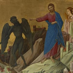 On a mountaintop above small walled cities, Christ in a blue robe waves away a dark winged figure while two angels look on.