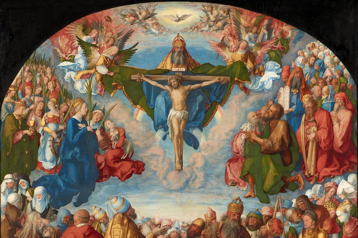 Crowds of saints, martyrs, popes, and ordinary believers kneel on clouds in a wide ring around God the Father holding the crucified Son, with the dove of the Spirit above.