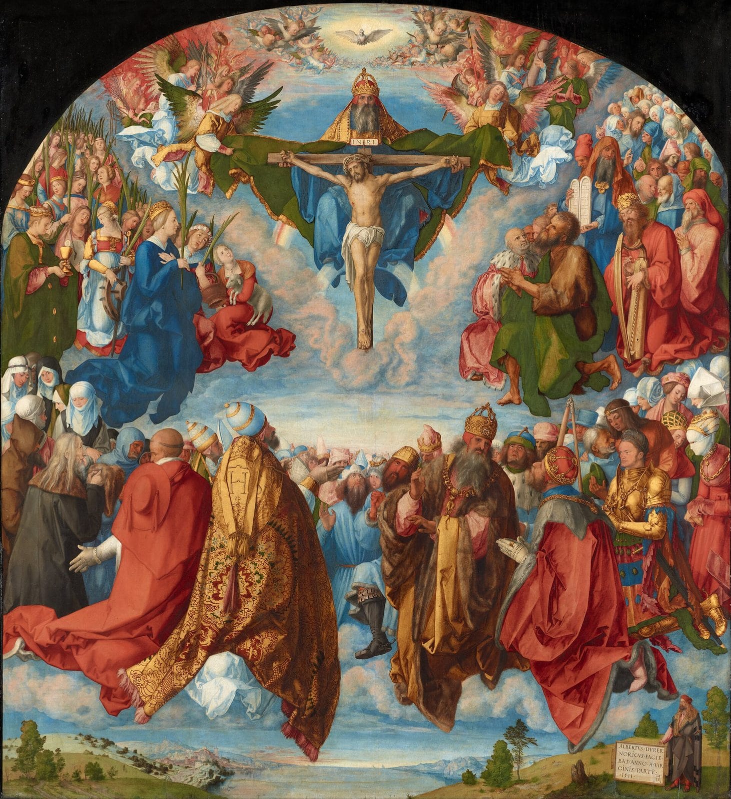 Crowds of saints, martyrs, popes, and ordinary believers kneel on clouds in a wide ring around God the Father holding the crucified Son, with the dove of the Spirit above.
