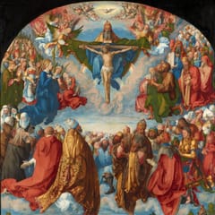 Crowds of saints, martyrs, popes, and ordinary believers kneel on clouds in a wide ring around God the Father holding the crucified Son, with the dove of the Spirit above.