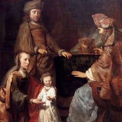 A kneeling young mother presents her small son in a white gown to an old priest seated in rich robes, while the boy’s father stands behind them.