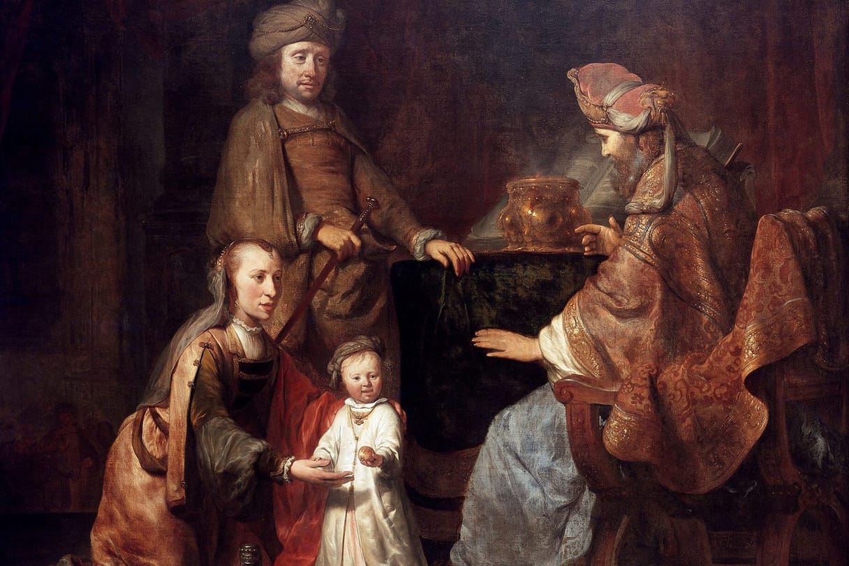 A kneeling young mother presents her small son in a white gown to an old priest seated in rich robes, while the boy’s father stands behind them.