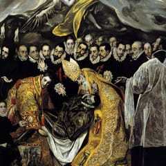 Two saints in golden vestments gently lower the body of a knight in armor into his grave, while a row of mourners in black and white ruffs looks on and his soul is carried upward.