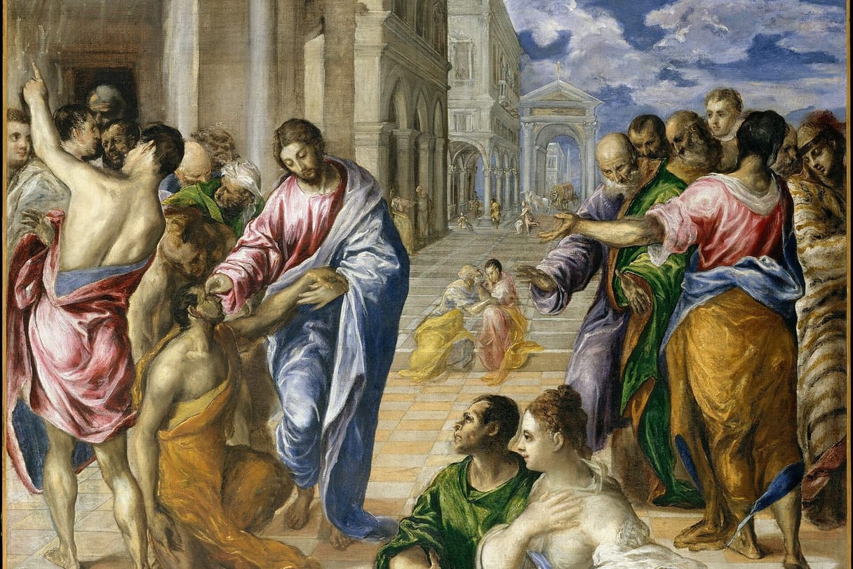 Jesus touches the eyes of a kneeling blind man in a crowded city square while onlookers argue around them.
