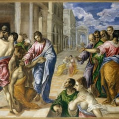 Jesus touches the eyes of a kneeling blind man in a crowded city square while onlookers argue around them.