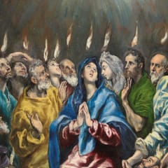 Mary, in a blue mantle with her hands joined in prayer, sits among the apostles, who look upward in wonder as small flames hover above each of their heads.