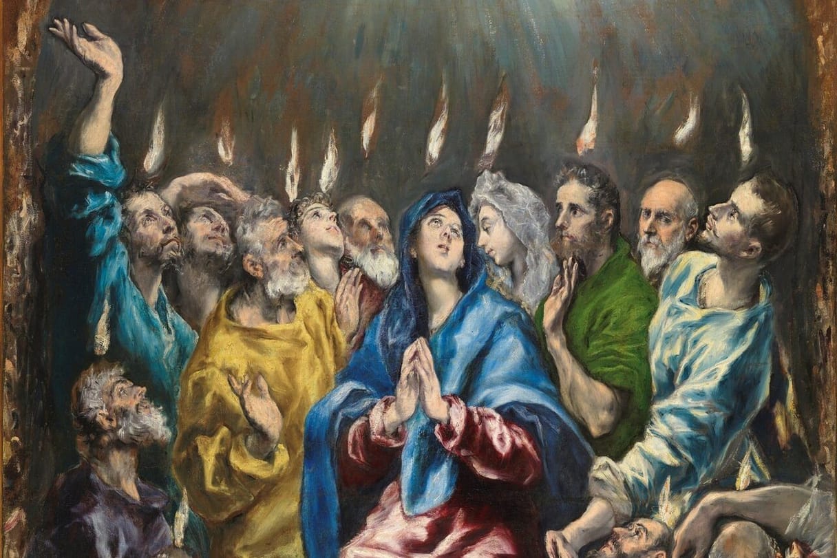 Mary, in a blue mantle with her hands joined in prayer, sits among the apostles, who look upward in wonder as small flames hover above each of their heads.