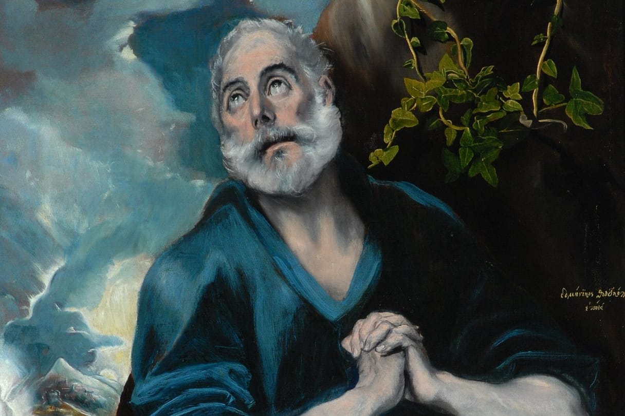 The white-bearded apostle Peter looks up with tear-filled eyes, his hands clasped in repentance.