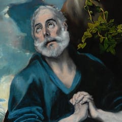 The white-bearded apostle Peter looks up with tear-filled eyes, his hands clasped in repentance.