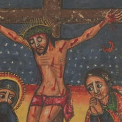 Christ hangs on a dark cross against a starry blue night sky, blood running from his hands and side, while Mary, veiled in black, and John, his hands clasped under his chin, grieve below.