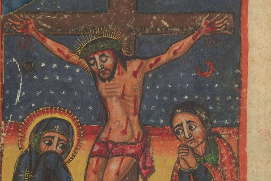Christ hangs on a dark cross against a starry blue night sky, blood running from his hands and side, while Mary, veiled in black, and John, his hands clasped under his chin, grieve below.