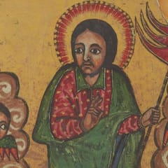 The risen Christ, with a radiant halo and a green mantle over a red robe, raises his hand in blessing and holds a red banner on a staff, while small figures look on from swirling clouds.