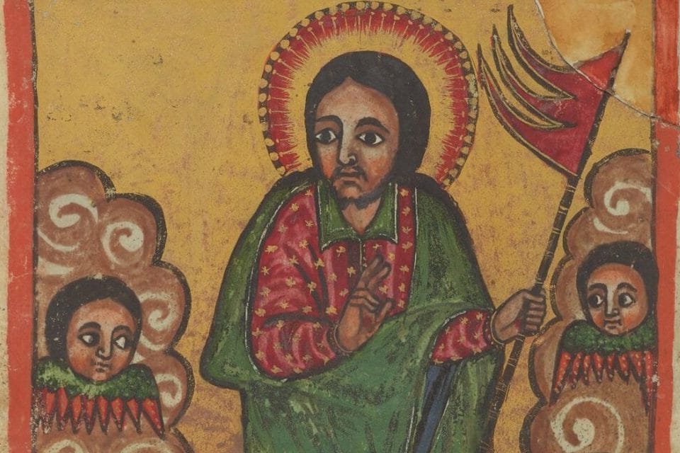 The risen Christ, with a radiant halo and a green mantle over a red robe, raises his hand in blessing and holds a red banner on a staff, while small figures look on from swirling clouds.
