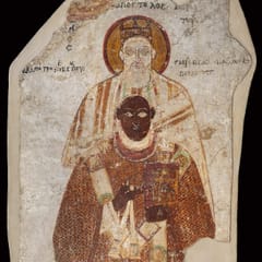 A wall painting of a dark-skinned Nubian bishop in a patterned red-brown vestment, holding a jeweled book, with the haloed apostle Peter standing close behind him and Greek inscriptions beside their heads.