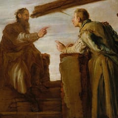One man points at a speck in his neighbor's eye while a huge wooden beam juts from his own, the two leaning toward each other over a ruined wall.