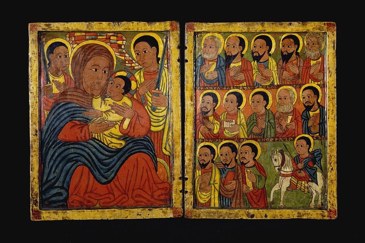 A two-panel Ethiopian painting: on the left, Mary in a deep blue mantle holds the Christ Child, who reaches up to touch her chin, between two archangels; on the right, rows of haloed apostles and a saint on a white horse.