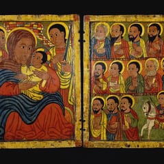 A two-panel Ethiopian painting: on the left, Mary in a deep blue mantle holds the Christ Child, who reaches up to touch her chin, between two archangels; on the right, rows of haloed apostles and a saint on a white horse.