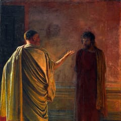 The Roman governor Pilate, in a pale toga, gestures toward Jesus, who stands silent in shadow against a wall.