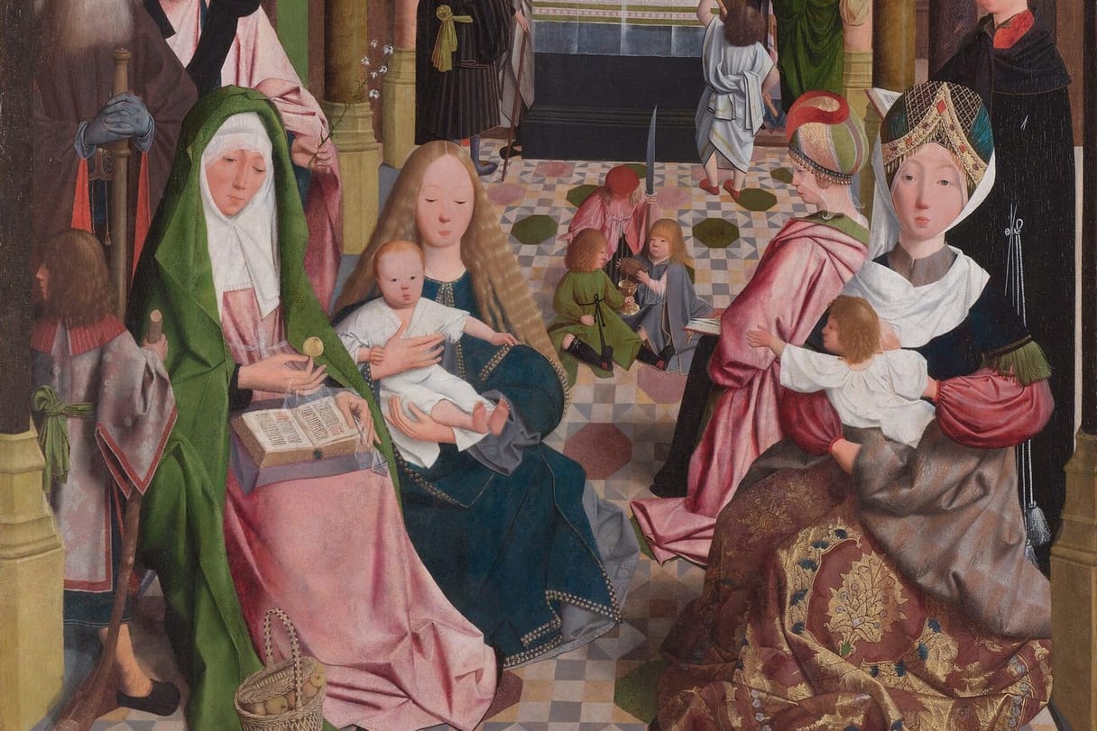 Saint Anne, Mary and other women of Jesus's extended family sit in a church with the infant Jesus, while his young cousins play on the floor.