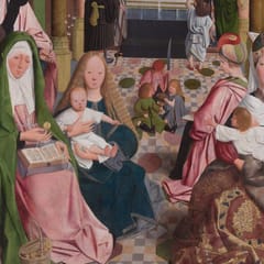 Saint Anne, Mary and other women of Jesus's extended family sit in a church with the infant Jesus, while his young cousins play on the floor.