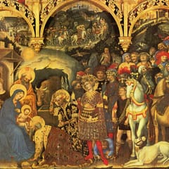 Three kings in gold brocade kneel before Mary and the infant Jesus while a vast retinue of courtiers, horses and animals crowds behind them.