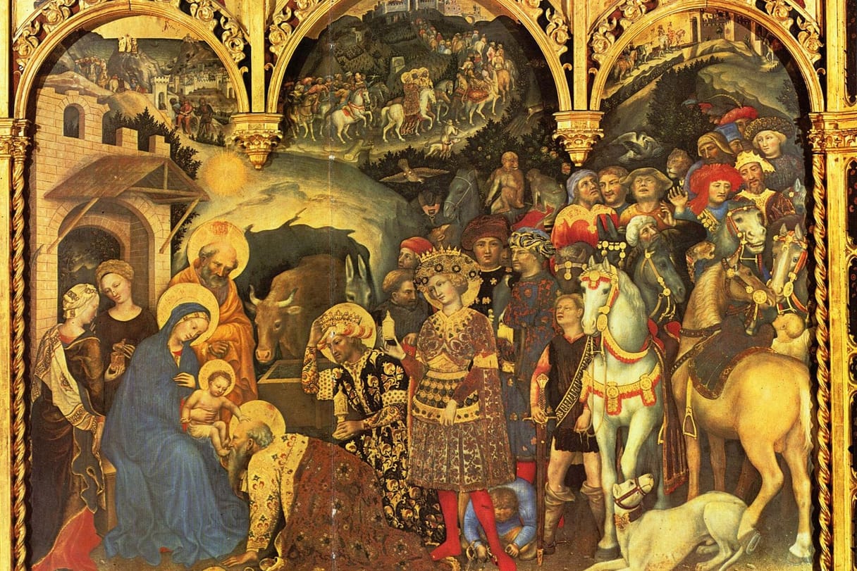 Three kings in gold brocade kneel before Mary and the infant Jesus while a vast retinue of courtiers, horses and animals crowds behind them.