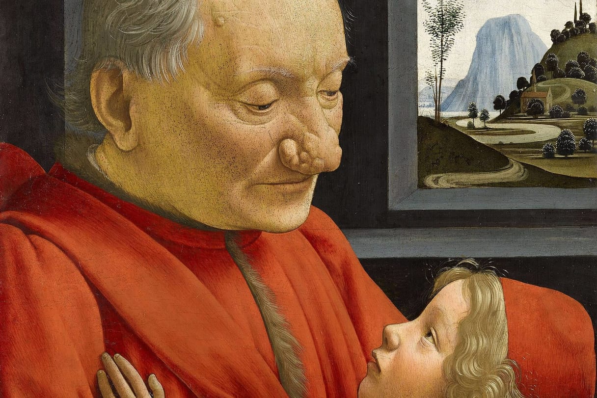 An old man with a swollen, misshapen nose looks down tenderly at a small boy, who gazes up at him and rests a hand on his chest.