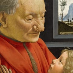An old man with a swollen, misshapen nose looks down tenderly at a small boy, who gazes up at him and rests a hand on his chest.