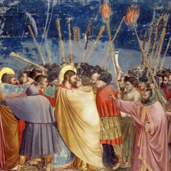 Judas, wrapped in a yellow cloak, kisses Christ in a crowd of soldiers raising torches, clubs, and lances; at the left, Peter seizes a man and cuts at his ear with a knife.