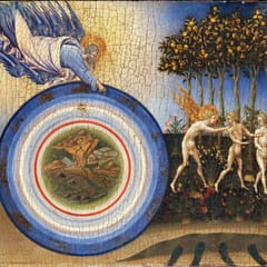 God, borne by angels, points to a round map of the newly made world, while beside it an angel leads Adam and Eve out of a garden of fruit trees.