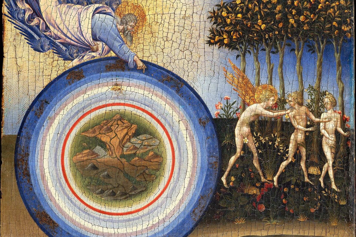 God, borne by angels, points to a round map of the newly made world, while beside it an angel leads Adam and Eve out of a garden of fruit trees.