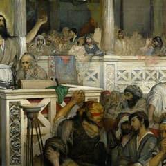 Jesus, wrapped in a striped prayer shawl, raises his arms as he teaches in a synagogue crowded with listening men and women.