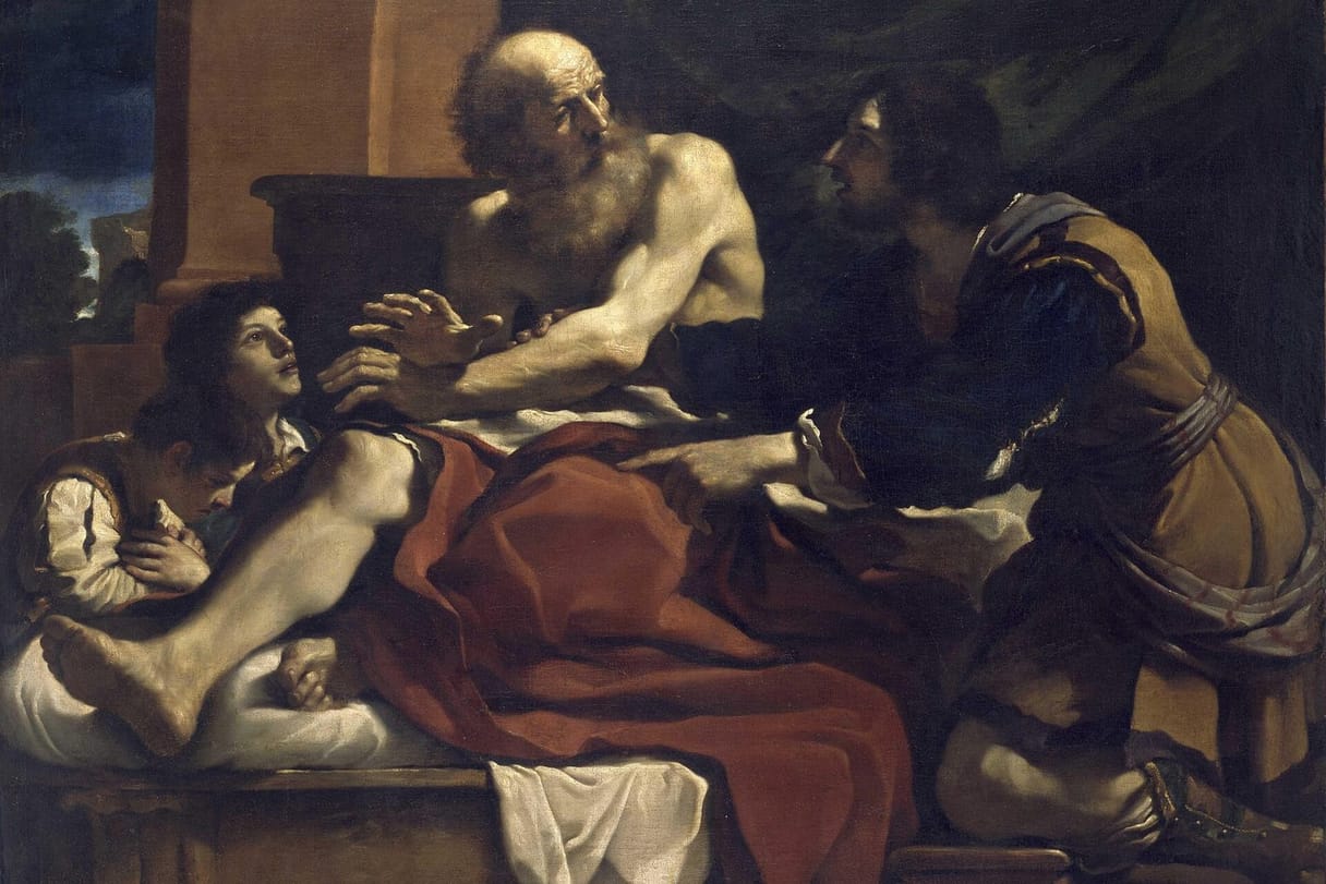 An old bald man reclining on a bed reaches his crossed hands toward two boys, while a younger bearded man kneels beside him and points in protest.