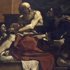 An old bald man reclining on a bed reaches his crossed hands toward two boys, while a younger bearded man kneels beside him and points in protest.