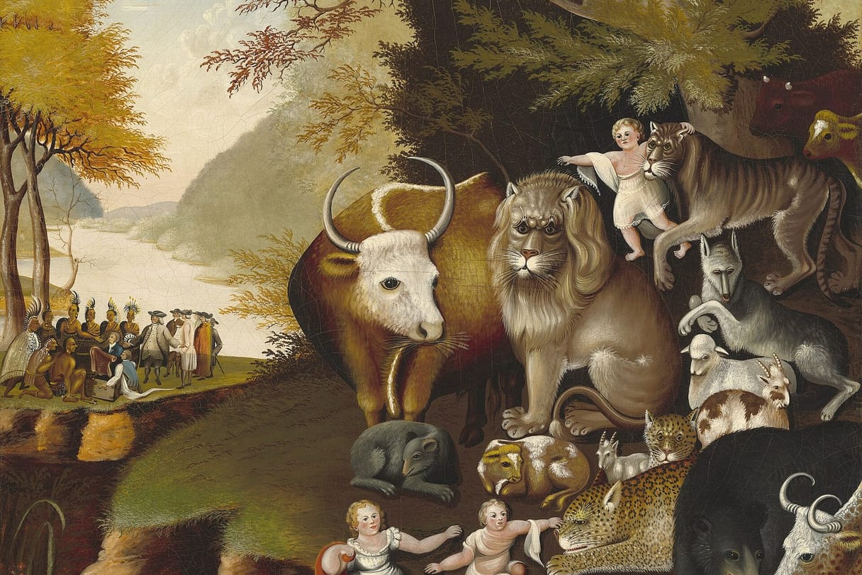 A lion, an ox, a leopard, a wolf, a bear, and lambs rest together beside small children under a tree, with a river landscape behind them.