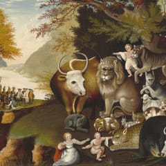 A lion, an ox, a leopard, a wolf, a bear, and lambs rest together beside small children under a tree, with a river landscape behind them.