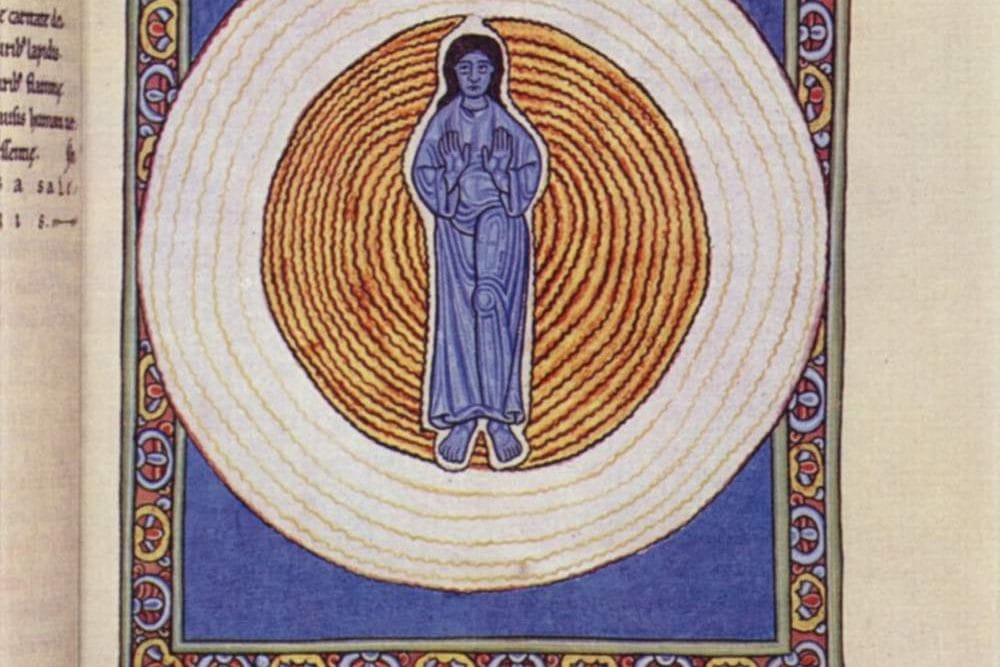 A sapphire-blue human figure with raised hands stands within concentric rings of gold and silver light.