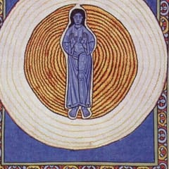A sapphire-blue human figure with raised hands stands within concentric rings of gold and silver light.