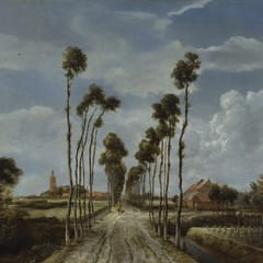 A straight country road lined with tall, thin trees runs toward a village church tower under a wide, cloudy Dutch sky, with a man and his dog walking along it.