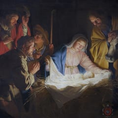 Mary lifts a cloth from the newborn Jesus, whose light shines on the faces of Joseph and the shepherds crowding around the manger.