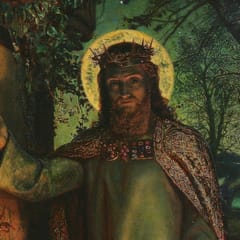 Christ, crowned with thorns and holding a lantern, knocks at an overgrown door in a moonlit orchard.