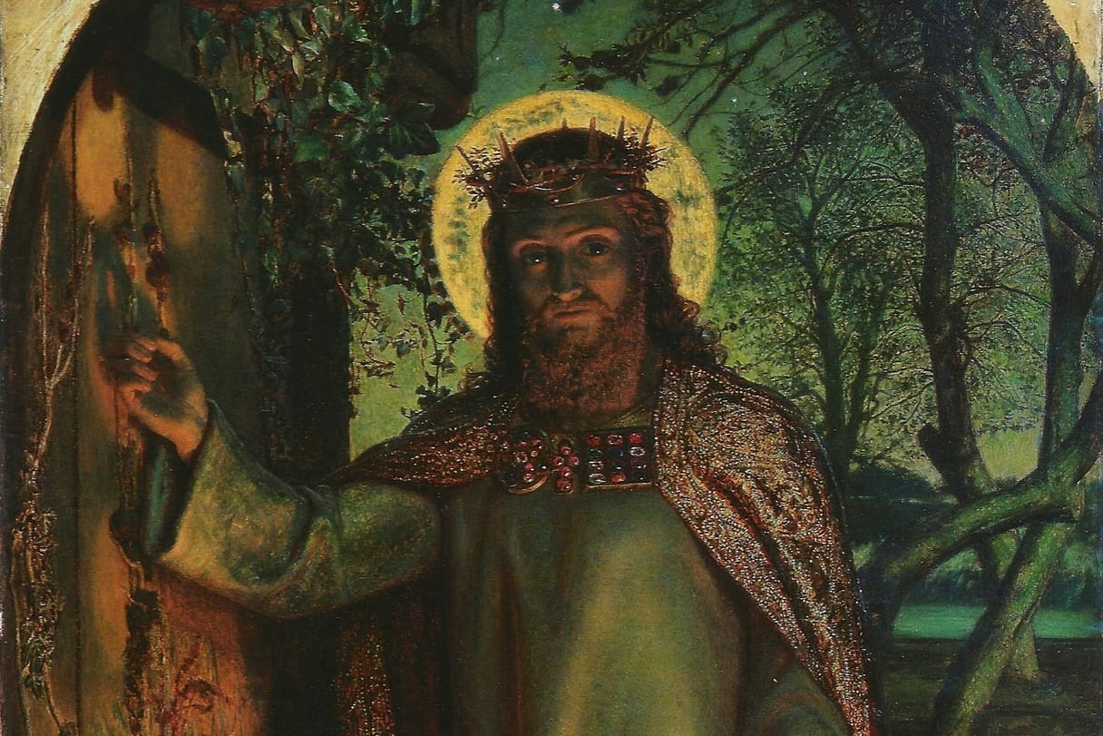 Christ, crowned with thorns and holding a lantern, knocks at an overgrown door in a moonlit orchard.